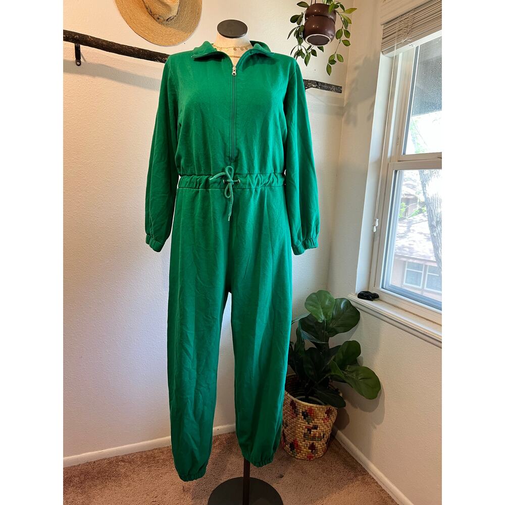 Boohoo Green Sweats Track Waist Tie Jogger Sweatshirt Jumpsuit Size 16